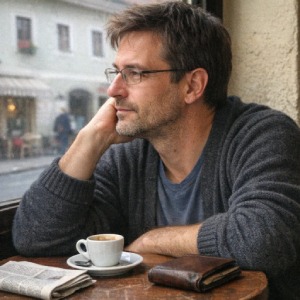 Thomas Aigner sitzt in einem Café und blickt nachdenklich aus dem Fenster
