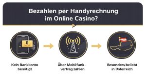 Bezahlen per Handyrechnung im Online-Casino – Illustration mit Smartphone, Mobilfunk-Abrechnung über den Anbieter und Hinweis auf einfache Casino-Einzahlungen ohne Bankkonto in Österreich.